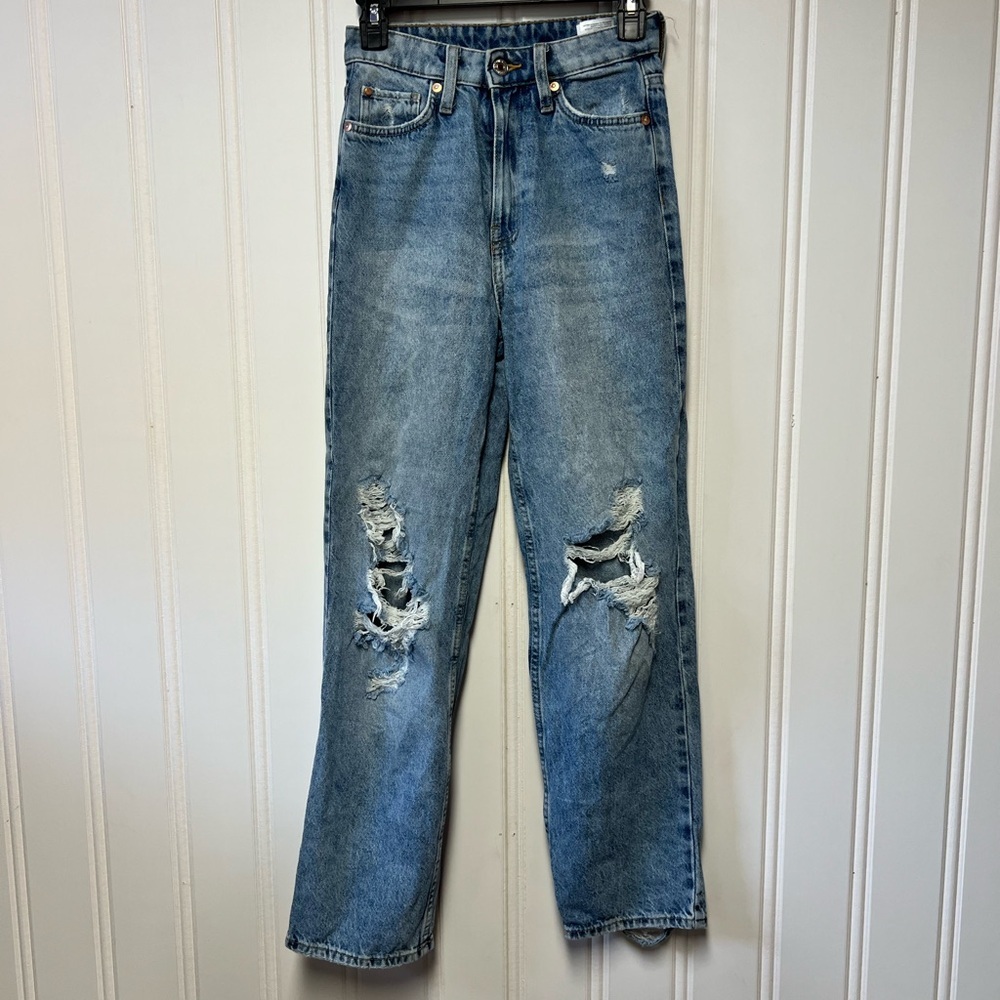 &Denim High Waist Straight Leg Jeans Distressed Light Wash Size 2 / 34 - Picture 2 of 8